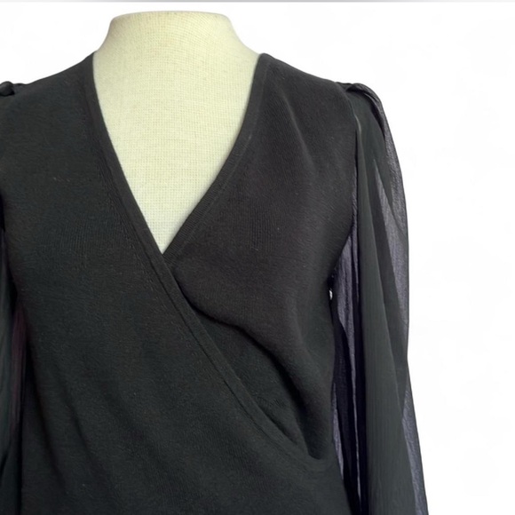 $118 French Connection Black Sheer Sleeve Wrap Blouse - Picture 3 of 7